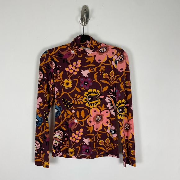 La DoubleJ Brown Multicolor Floral Turtleneck Top Size Medium Women Stretch - Picture 1 of 10